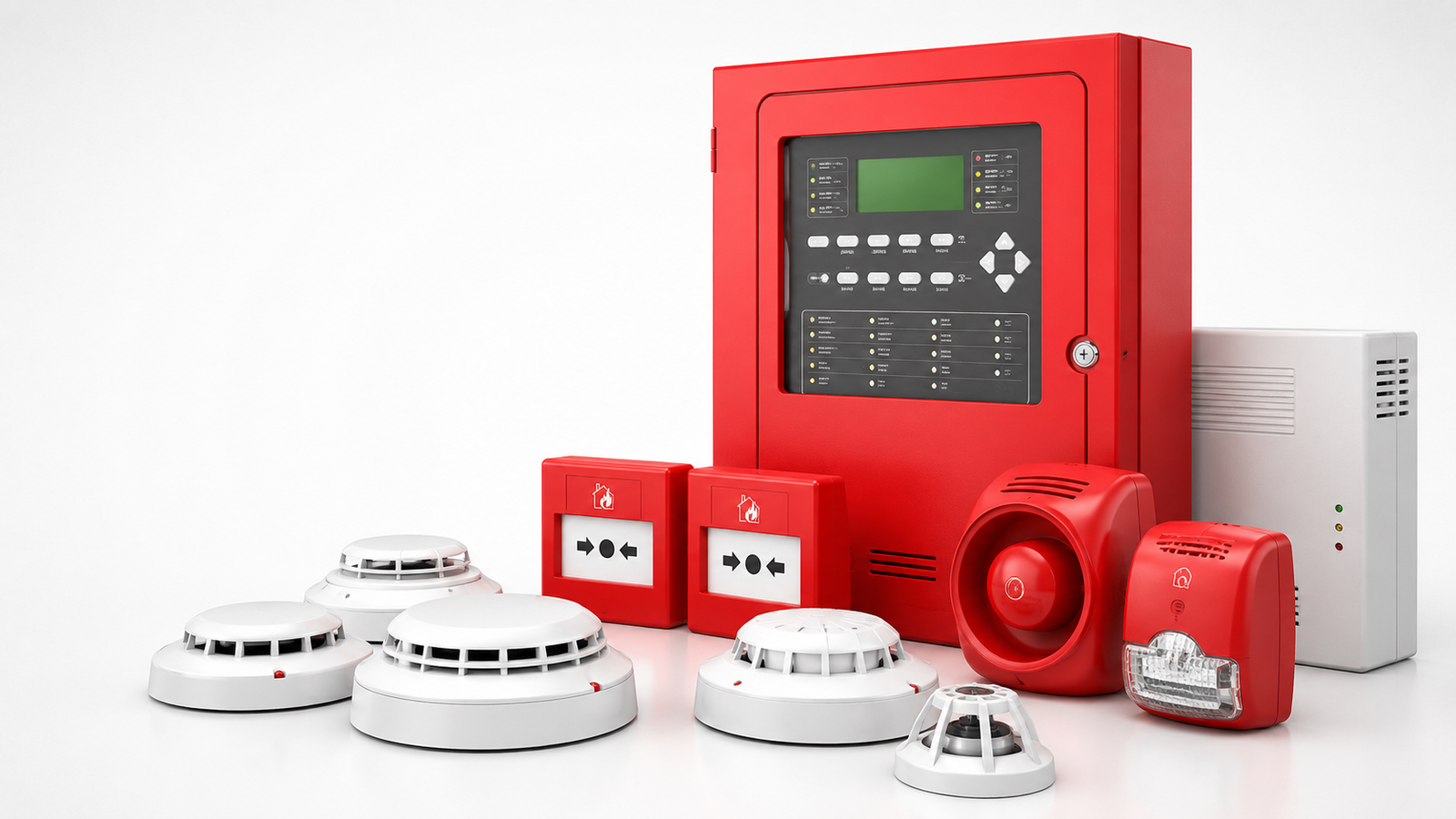 Fire alarm control panel, detectors and alarm devices